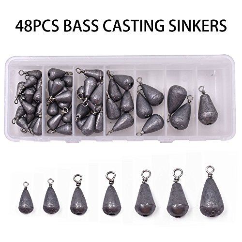 48pcs/box 7 Size Fishing Lead Sinkers with Swivels Assortment Fishing Weights Kit Bass Casting Sinker (48pcs Bass Casting Sinkers Set)