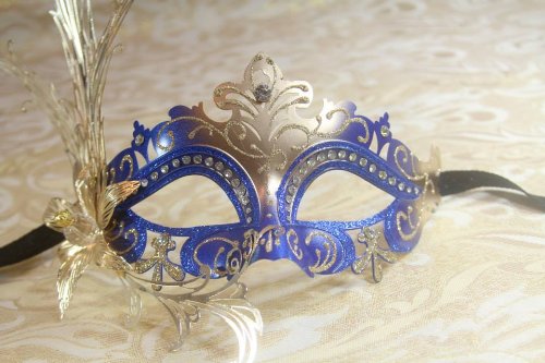 Mysterious Blue and Gold Laser Cut Venetian Swan w/ Side Flower Design Masquerade Mask for Mardi Gras Or Halloween by RoyalVenetian