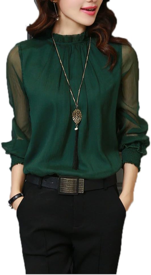 Queenlife Womens Casual Chiffon Shirt Network Yarn Lotus Leaf Long Sleeve Blouse Tops