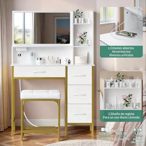 Tocador,Vanity tocador grande con 4 cajones en cuero blancos,Tocadors Vanity con Espejo , Con toma de corriente,con 1 cuero taburete tapizado, Ideal para Recámara, Sala de Estar, Vestidor 90x40x133CM