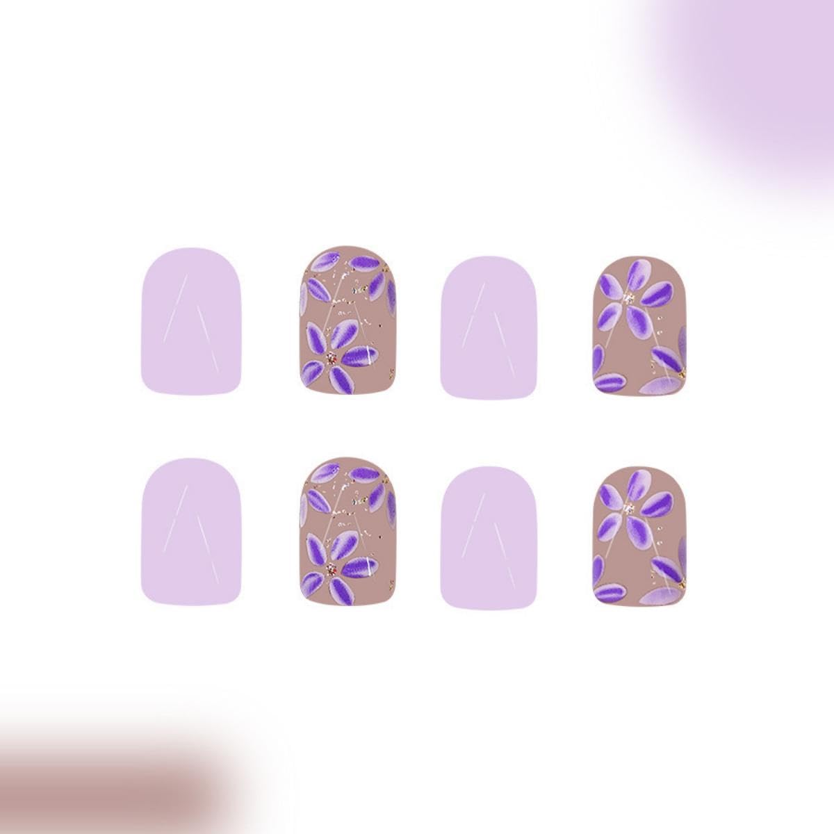 Purple Press on Nails Short Square Fake Nails with Lilac Flower Design Floral Glue on Nails Glossy Glitter Spring Nails Reusable Summer False Nails for Women Girls Daily Wear Manicure 24pcs - Image 4