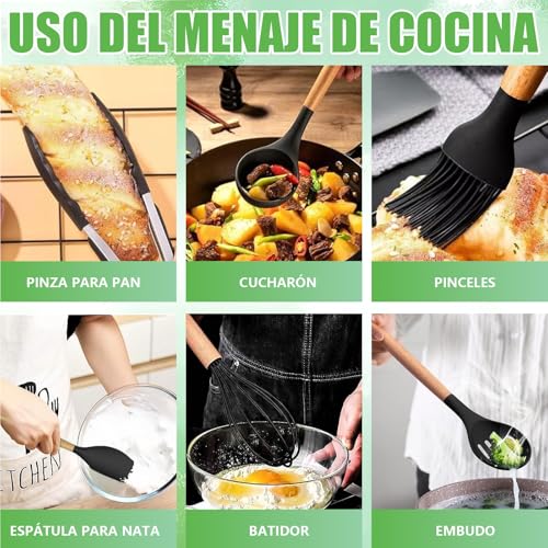 Utensilios de Cocina de Silicona, 19 Piezas Juego de Utensilios de Cocina Antiadherentes con Mango Resistente al Calor, Juego de Cucharas para Cocinar de Incluyendo Accesorios Cocina Negro