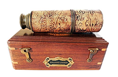 16 Inch Brass Ship Telescope Leather Carving Bounded with Rose Wood Box C-3102