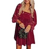 Chvity Women Velvet Backless Mini Dress Sqaure Neck Long Sleeve Casual Loose Holiday Party Winter Babydoll Velour Dressess