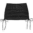 Falainetee Women's Mesh Sheer Drawstring Solid Summer Bikini Cover Up Skirt