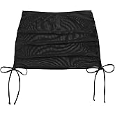 Falainetee Women's Mesh Sheer Drawstring Solid Summer Bikini Cover Up Skirt