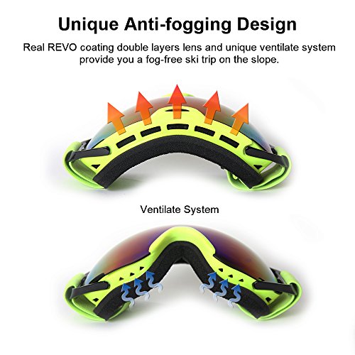 MeeQee Ski Goggles, Snow Sports Goggles Over Glasses for Men & Women, Anti-fog 100% UV Protection Ski Glasses Helmet Compatible Snowboard Goggles with Detachable Lens & Strap - Brown REVO Mirror Green - Thumbnail 2