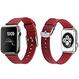 Apple Watch Band, J&D 38mm Genuine Leather Strap Wrist Band Replacement w/ Metal Clasp Adapter for Apple Watch All Models 38mm (Normal Size - Leather Red)