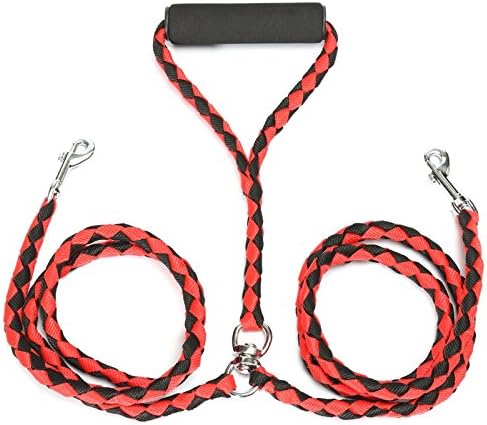 Double Dog Lead for 2 Dogs. Tangle free leash with Comfortable Foam Handle. (Black Red)