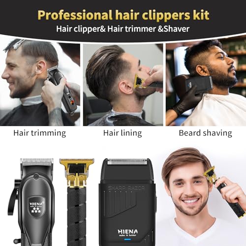 HIENA PRO Professional Hair Clipper Set for Men, Electric Foil Shavers and Beard Trimmers, Cordless Barber Clippers with LED Display, R-Type Adjustable Blade, Hair Cutting Kit, Gifts for Men
