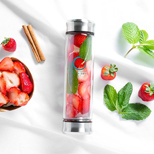 Pure Zen Tea Tumbler with Infuser - Double Wall Glass Travel Mug with Stainless Steel Filter - Leakproof Tea Infuser Bottle for Loose Leaf Infusions and Fruit Infused Water - Unique Gift Set - 13 oz