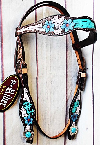 PRORIDER Horse Tack Bridle Western Leather Headstall Turquoise Equine 80193HB