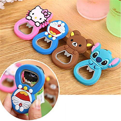 ZJKC 2 PCS Random Color Cute 2 in 1 Hello Kitty Beer Bottle Coke Juice Beverages Opener &amp; Key Chain Pink Wine Bottle Design Beer Opener Refrigerator Magnet