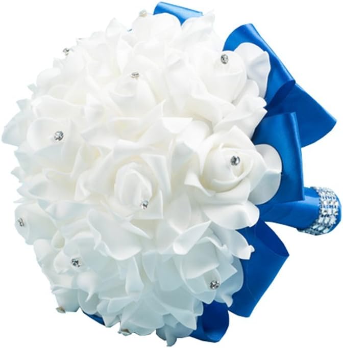 Hosaire Bride Flowers Bridesmaid Bouquet Foam Rose Crystal Wedding Girl Wand Decor Blue