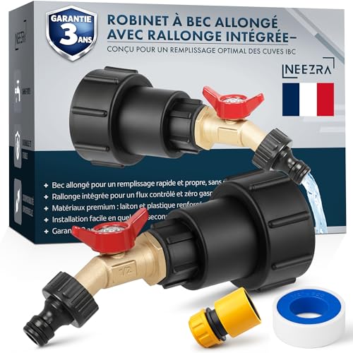 IBC Neezra 1000 Litre Tank Tap – Extended Spout with Integrated Extension – Complete Kit Brass & Reinforced Plastic – Clean Filling Without Spatters – 3 Year Guarantee