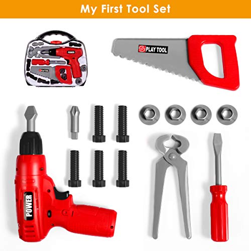 Durable Kids Tool Set, Cakie Kids Pretend Play Toy Tools Set with Electronic Cordless Drill and 16 Pretend Play Construction Accessories with a Sturdy Case