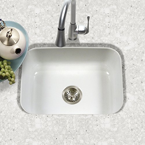 Houzer PCS-2500 WH Porcela Series Porcelain Enamel Steel Undermount Single Bowl Kitchen Sink, White