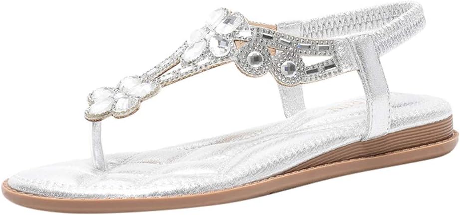 Women Flip Flops Beach Sandals Summer Crystal Low Heels Thongs Sandals Peep Toe Casual Sandals with Elastic Ankle Strap