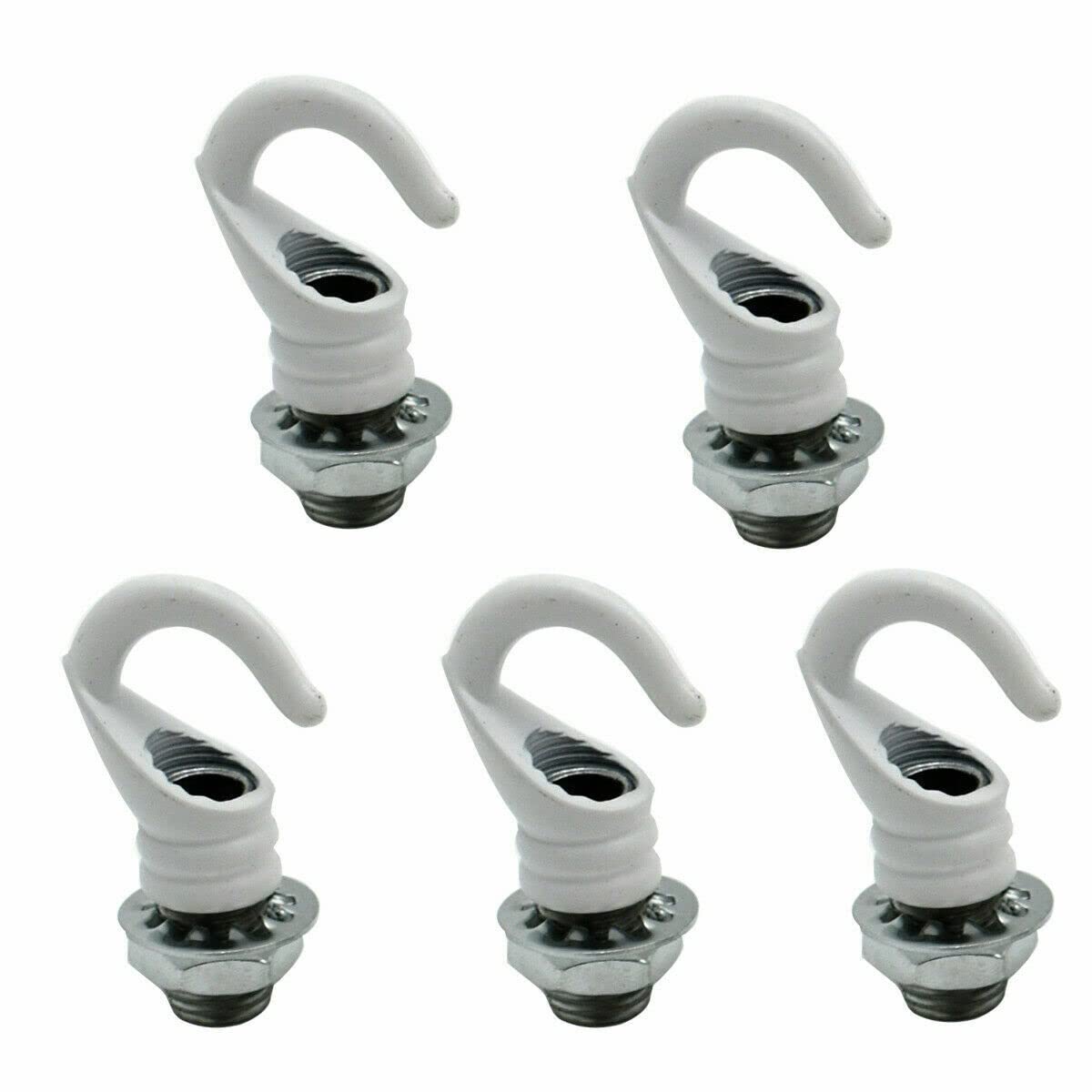 LEDSone Mini Ceiling Hook Antique Carving Safety Buckle Design Q-Hanger M10 Screw and Nut Hook Ring 10mm Cord Grip Mount Ceiling Rose Hooks (Hook, White) - 5 Pack