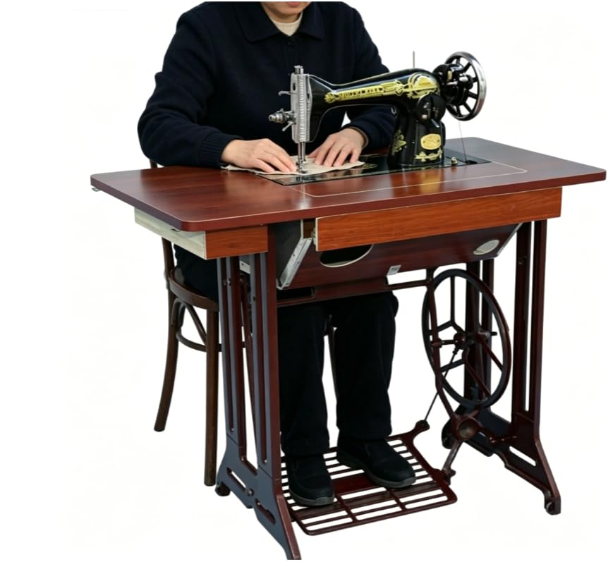 Vintage Treadle Sewing Machine with Wooden Table, Fully Functional Non-Electric Manual Sewing Machine, Heavy Duty Cast Iron Body for Home Tailoring & Quilting