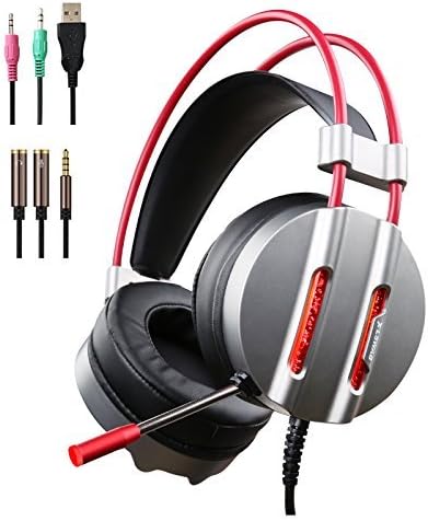 PC Gaming Headset with Mic, 3.5mm Over-Ear Headphones with Water-cool LED Light, 7.1 Stereo Sound Earphone with 50mm Driver for New Xbox One PS4 Cellphone Laptop Computer (M9-Grey)