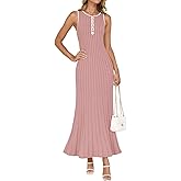 ZESICA Womens 2026 Summer Long Maxi Dress Sleeveless Crew Neck Hollow Out Pleated Ribbed Knit Swing Tank Dresses
