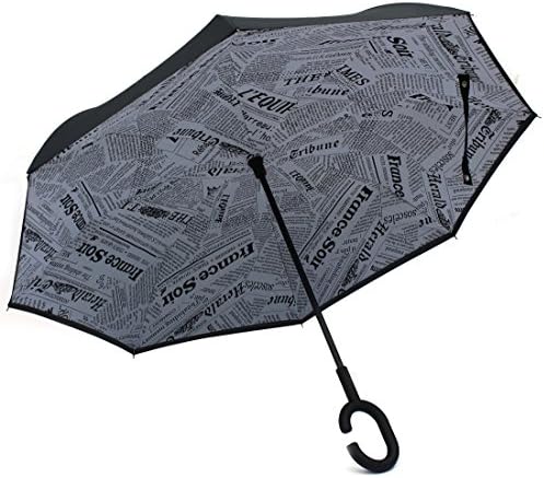 Sports God Double Layer Inverted Umbrella Cars Reverse Umbrella, Windproof UV Protection Big Straight Umbrella for Car Rain Outdoor With C-Shaped Handle and Carrying Bag (White Newspaper)