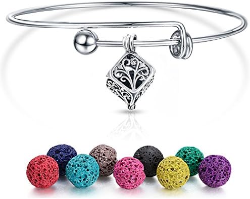 [UPGRADED] Aromatherapy Essential Oil Diffuser Bracelet - Hollow Tree of Life Cube Pendant with Expandable Wire Bangle Bracelet
