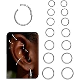14Pcs 6/7/8/9/10/11/12MM Surgical Steel Hinged Nose Rings Hoop Set, Hypoallergenic Small Hoops Set for Cartilage Helix Lip Tragus Septum Nipple Multiple Hole.QEIFC Sliver Piercing Body Jewelry Kit