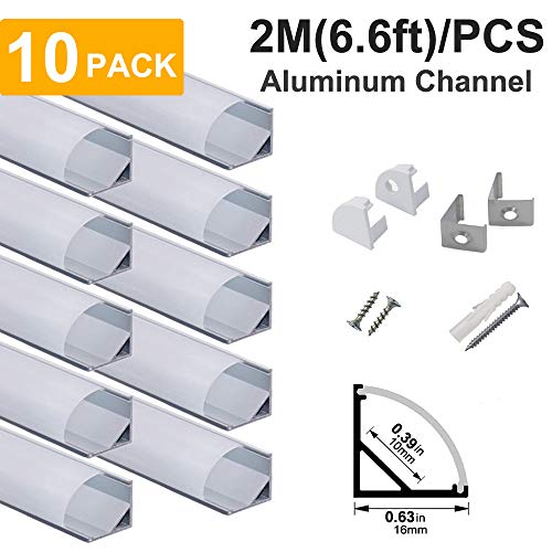 hunhun 10-Pack 6.6ft/ 2Meter V Shape LED Aluminum Channel System with Milky Cover, End Caps and Mounting Clips, Aluminum Profile for LED Strip Light Installations, Very Easy Installation