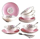 Jusalpha Elegant Porcelain Tea Cup and Saucer Set-Coffee Cup Set with Saucer and Spoon-6OZ (FDTCS 10 Set of 6, Pink)