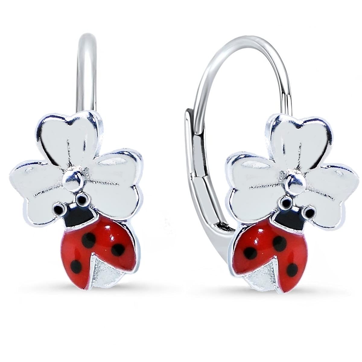Clover Leaf with Ladybird Earrings Girls Silver 925 Hanging Children's Earrings, Enamel, Not applicable