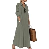 Nupucy Women's Casual Button Down Lapel Shirt Dresses Spring Summer Loose Long Sleeve Flowy Plus Size Maxi Dress with Pockets