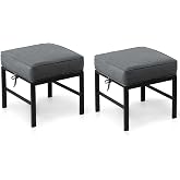 Auzfy 2 Pieces Outdoor Ottomans for Patio, Assembled Aluminum Outdoor Ottoman with Gray Cushions, Aluminum Small Outdoor Foot Stools for Patio Porch Yard Garden Deck, Black Frame