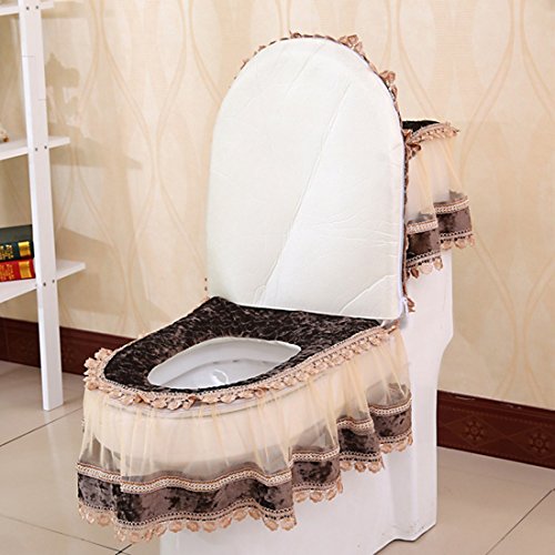 Freahap Toilet Cover Set Lace Bathroom Decor Tank Cover Toilet Lid Cover Toilet Seat Cover Coffee