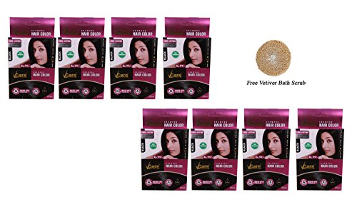 Pack of 8 Vcare Shampoo Hair Color Black - 25ml + Free Vetiver Bath Scrub