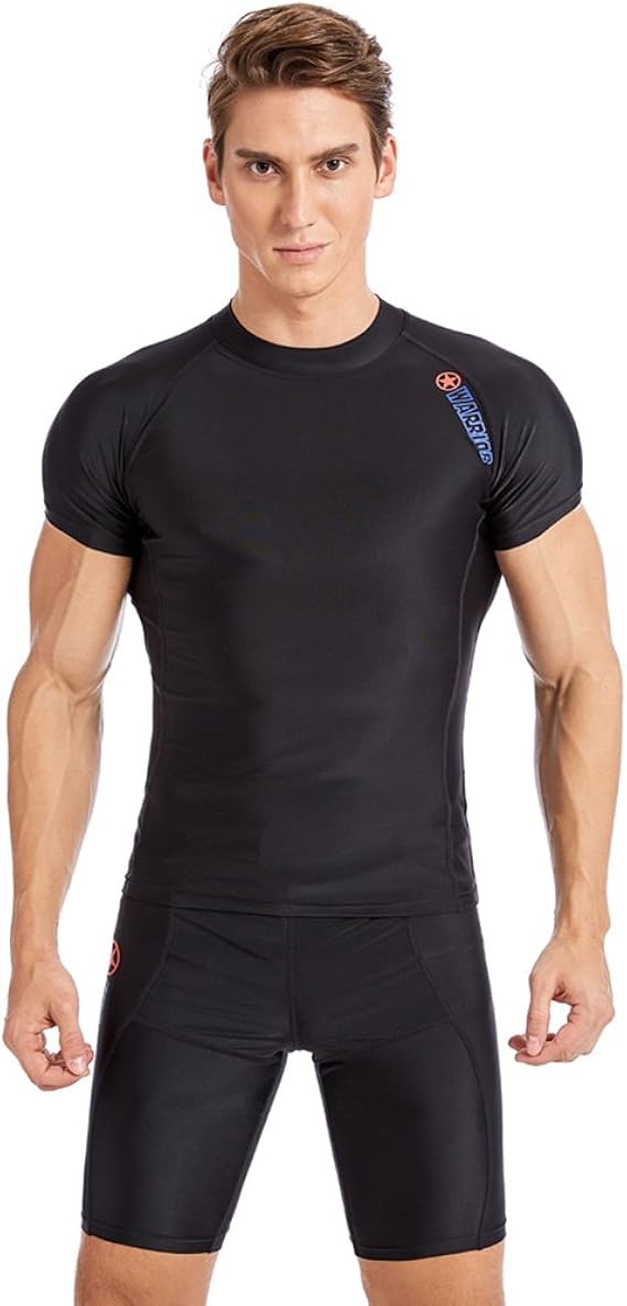 Amazon Lserver メンズ 競泳水着 フィットネス 上下 セパレート 半袖 上着 サーフィンパンツ スイムスパッツ トランクス スイミング 黒 大きいサイズ L メンズ 通販