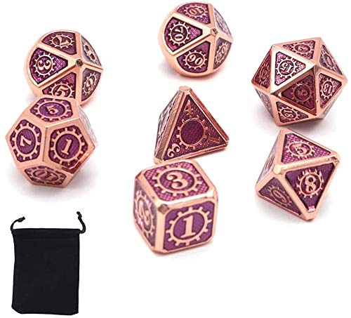 DollaTek 7PCS Metal Polyhedral Dice Set with Black Storage Bag for Role Playing Game Dungeons and Dragons D&D Math Teaching(Gear Copper Red and Purple)