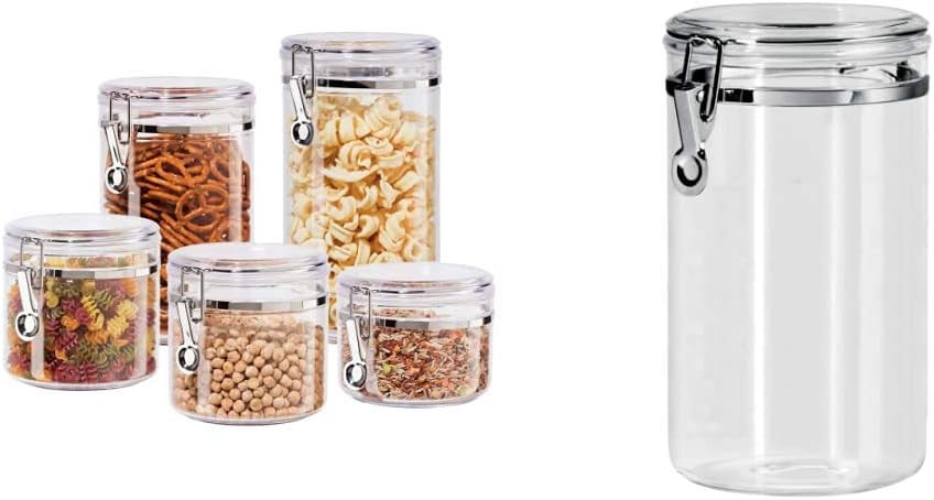 Oggi 5pc Clear Canister Set with Clamp Lids Airtight Containers in Sizes Ideal for Kitchen & Pantry Storage of Bulk, Dry Foods Including Flour & 72-Ounce Clear Acrylic Canister with Locking Clamp