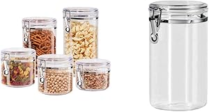 Oggi 5pc Clear Canister Set with Clamp Lids Airtight Containers in Sizes Ideal for Kitchen & Pantry Storage of Bulk, Dry Foods Including Flour & 72-Ounce Clear Acrylic Canister with Locking Clamp