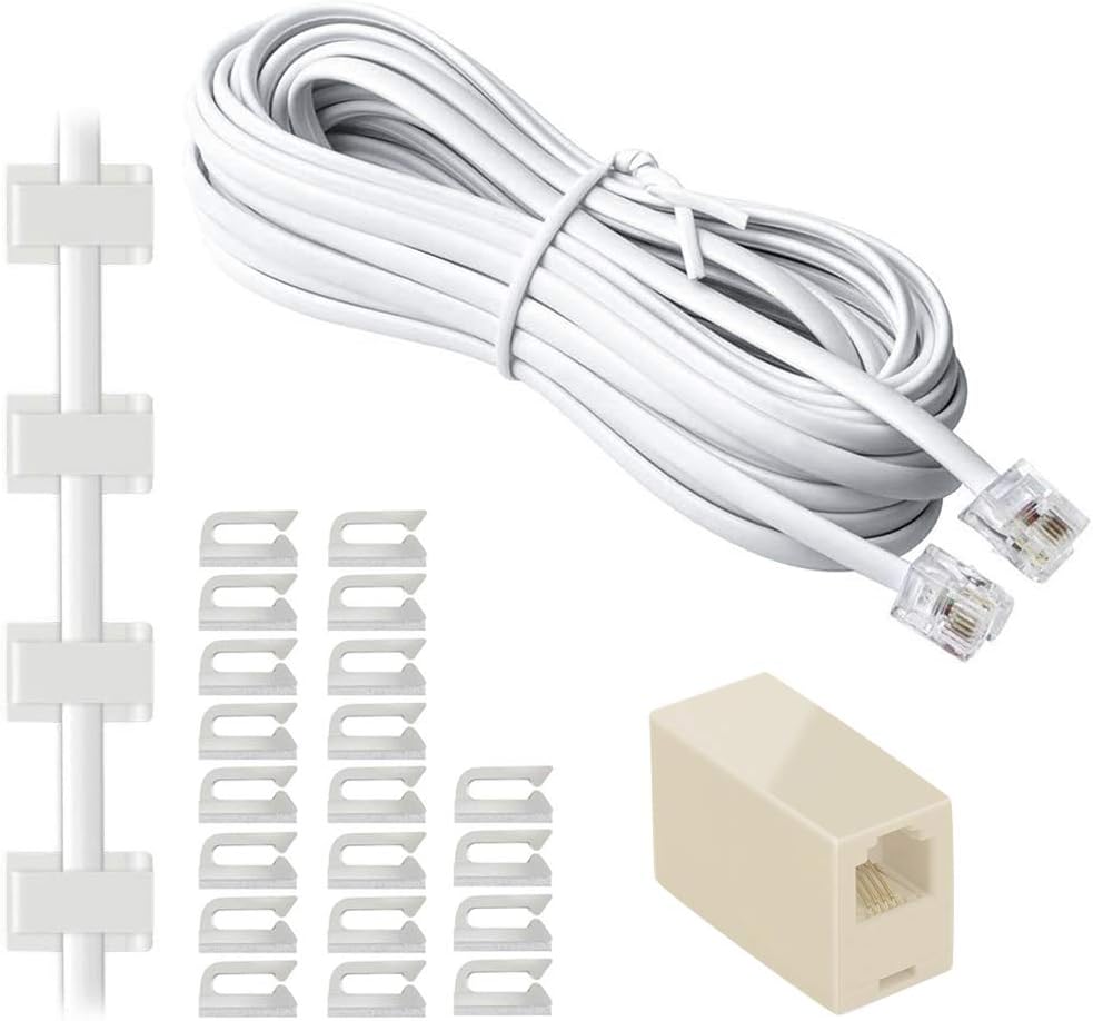 ohCome Telephone Extension Cord 25 Feet Phone Cable with Standard RJ11 Plug, with 1 in-Line Couplers and 20 Cable Clip Holders - White