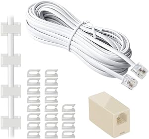 ohCome Telephone Extension Cord 25 Feet Phone Cable with Standard RJ11 Plug, with 1 in-Line Couplers and 20 Cable Clip Holders - White