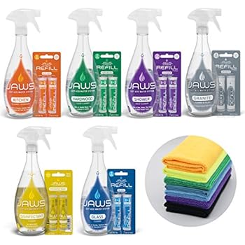 JAWS Ultimate Cleaning Kit | Kitchen, Glass, Shower, Granite, Hardwood and Disinfectant | 2 Refill Pods of Each & Microfiber Cloths Included. Refillable Cleaning Products.