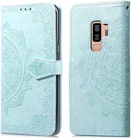 Cmeka Slim Wallet Kickstand Case for Samsung Galaxy S9 Plus,3D Relief Mandala Flower Flip Magnetic Leather Back with Card Solts Holder Phone Cover (Mint Green)
