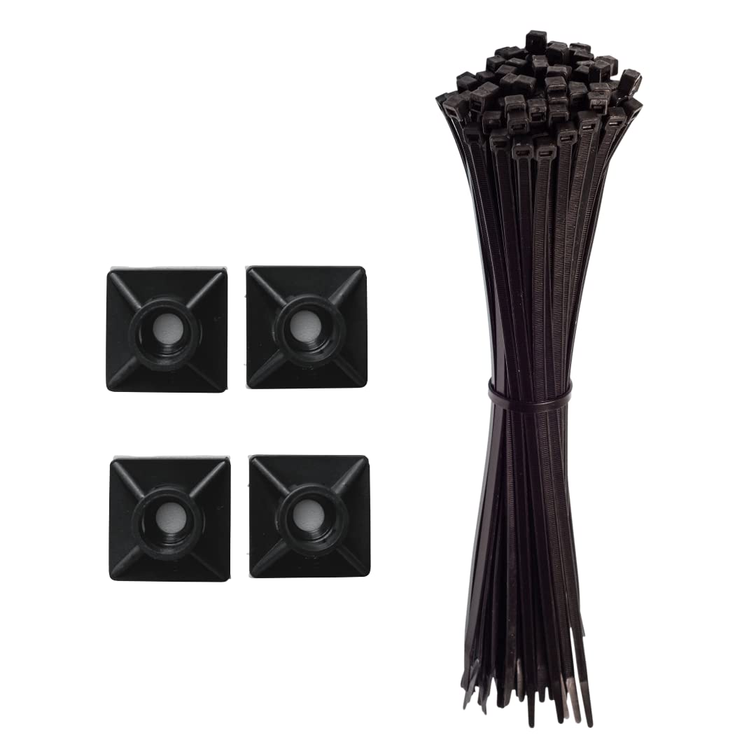 Gocableties Small Black Cable Ties, 150mm x 3.6mm, Pack of 100, 6" Premium Nylon Zip Ties & 100 Pack of Black Cable Tie Bases - 19mm x 19mm (3/4") Bundle