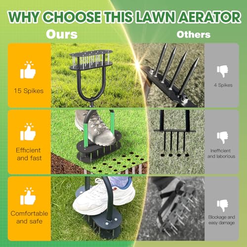 Onadak Lawn Aerator Automatic Dirt and Leaf Clean Design,Pre-Assembled 15 Iron Spikes Metal,Soil Lawn Aerating Tools for Yard Lawn and Garden, lawn aerator spikes aerating tool