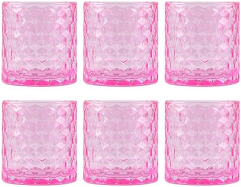 Set of Six Clear Pink Glass Votive Candle Holders, 3"