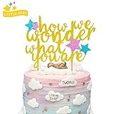 How We Wonder What You Are Cake Topper for Kids Birthday Party Baby Shower Gender Reveal Gold Glitter Decorations