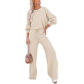 Pink Queen Women's 2 Piece Lounge Outfit Sweater Set Long Sleeve Crop Knit Top and Wide Leg Long Pants Sweatsuit
