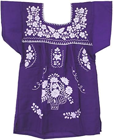 Liliana Cruz Embroidered Mexican Youth Girls Dress (Purple with White, Size 6)